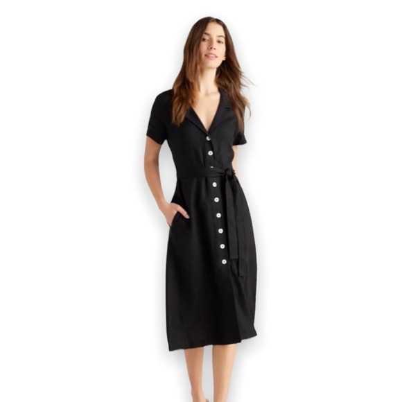 Vintage Desiree Womans Black Button Down Short Sleeve Collared V Neck Midi Dress - Picture 4 of 10